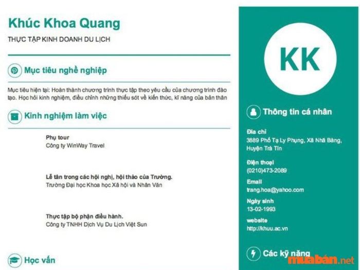 Mẫu CV cho thực tập sinh ngành Du lịch