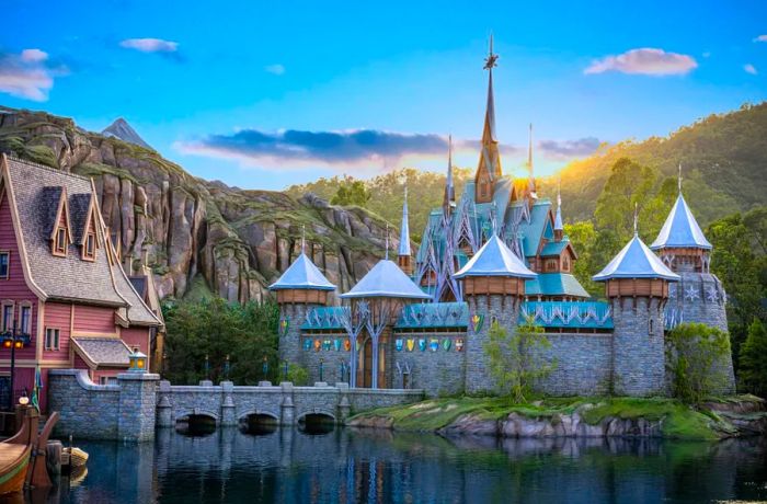 Hong Kong Disneyland’s World of Frozen features a replica of the Arendelle Palace, along with other iconic elements from the beloved Frozen franchise.