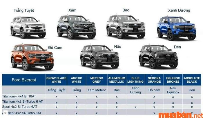 Danh sách màu sắc của xe Ford Everest 2023 cho khách hàng lựa chọn