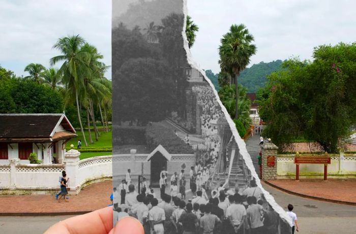 The entrance to the Royal Palace in Luang Prabang, captured during the funeral of King Sisavong Vong in 1959. 