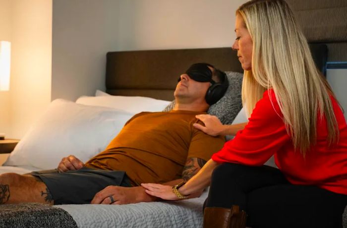 Dr. Casey Wolfington, a licensed psychologist, conducts a simulated psilocybin session with a research participant at the Vail Health Behavioral Health Innovation Center in Colorado.