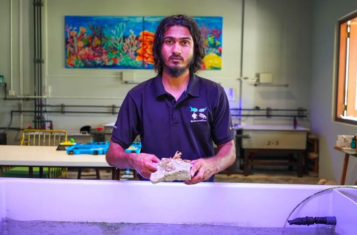 Ali Shaamy, a research assistant at the Marine Discovery Centre, walks visitors through the coral restoration process.