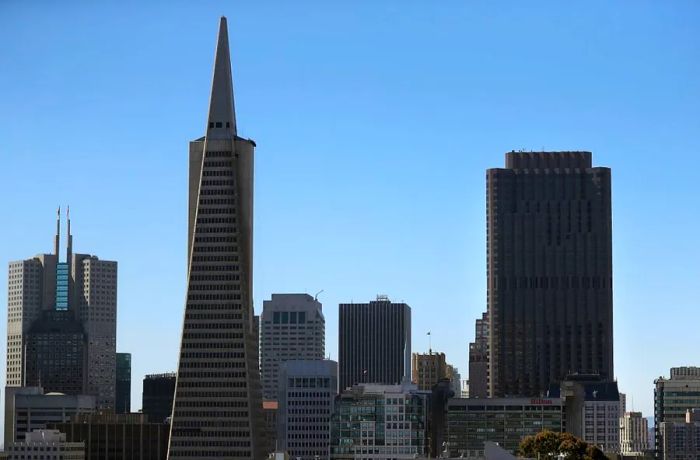 The Transamerica Pyramid stands out as a striking feature of the San Francisco skyline.