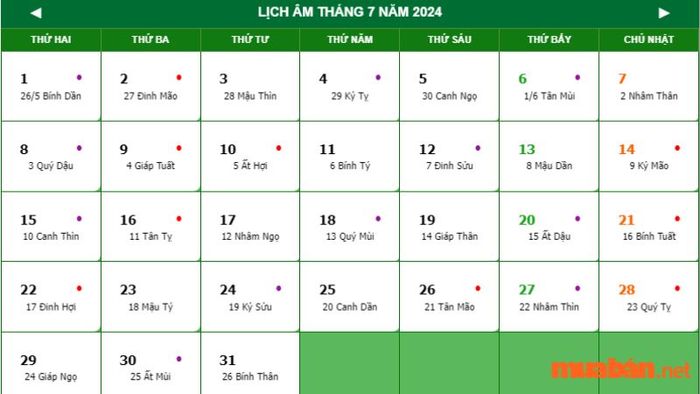 Lịch âm tháng 7 năm 2024