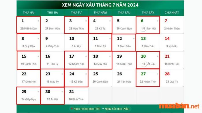 Ngày xấu trong tháng 7 năm 2024 theo lịch âm