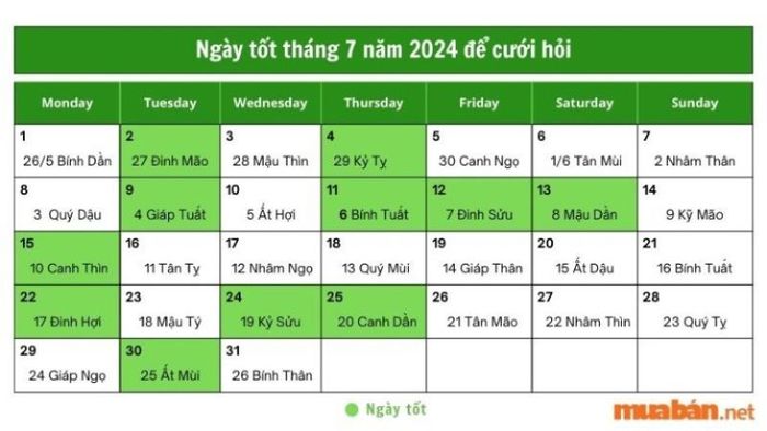 Ngày đẹp để cưới hỏi trong tháng 7 năm 2024 theo lịch âm