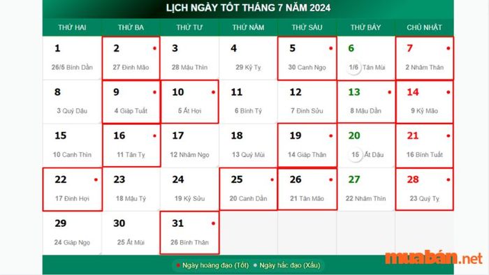 Các ngày tốt trong tháng 7 năm 2024 theo lịch âm