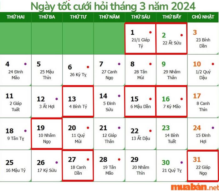 Danh sách các ngày đẹp cưới hỏi trong tháng 3 năm 2024