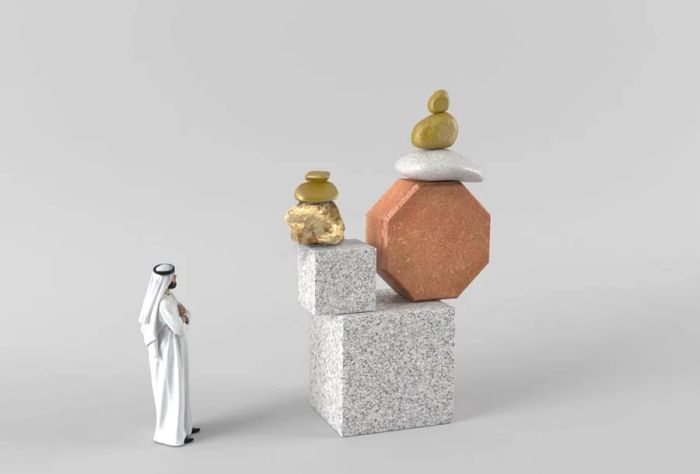 Shua’a Ali’s 'Tawazun' is a pillar constructed from a mix of granite, sandstone, limestone, and pebbles, featuring both organic and geometric shapes. This is a conceptual rendering of the piece, which is set to be displayed in 2022.