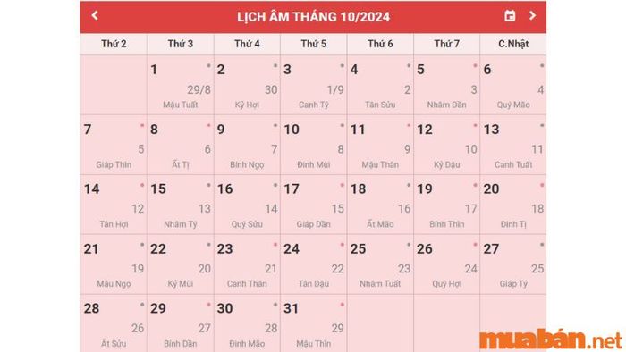 Lịch âm tháng 10 năm 2024 – Xem ngày tốt xấu để xây nhà, cưới hỏi, sinh con
