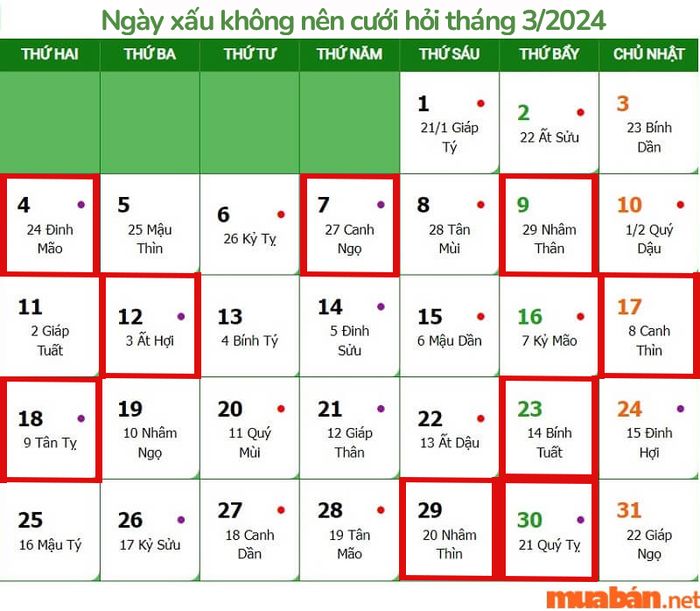 Những ngày không nên cưới hỏi tháng 3 năm 2024