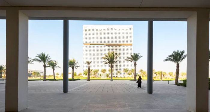 The Qatar Foundation, a non-profit entity, is home to an OMA-designed headquarters in Doha. The large, cube-like building features slashed upper floors with terraces, cleverly engineered to eliminate the need for supporting columns in the upper levels.