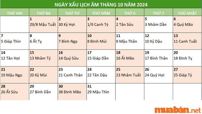 Ngày xấu trong lịch âm tháng 10 năm 2024