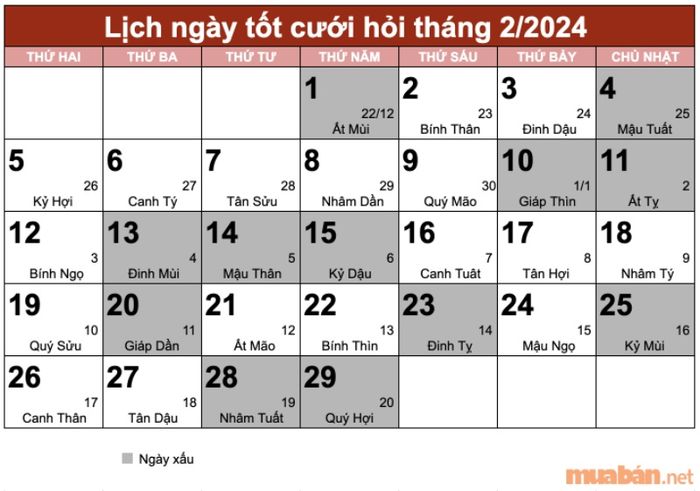 Danh sách những ngày xấu không nên tổ chức cưới hỏi trong tháng 2 năm 2024