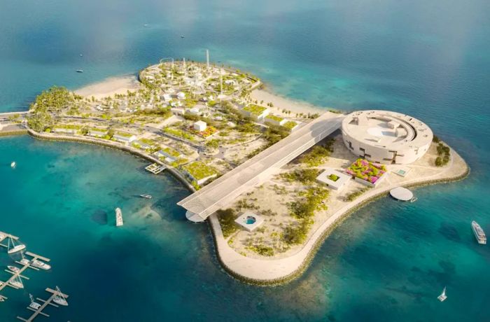 The museum will be situated on Al Maha Island, as shown in this rendering. Located off the coast of Lusail, the island is already home to an amusement park.