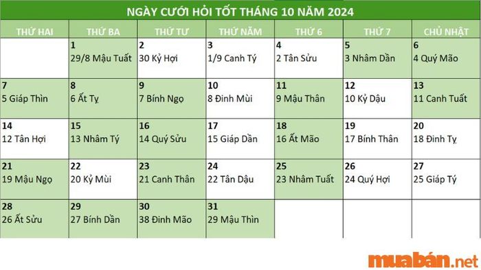 Ngày cưới hỏi tốt theo lịch âm tháng 10 năm 2024