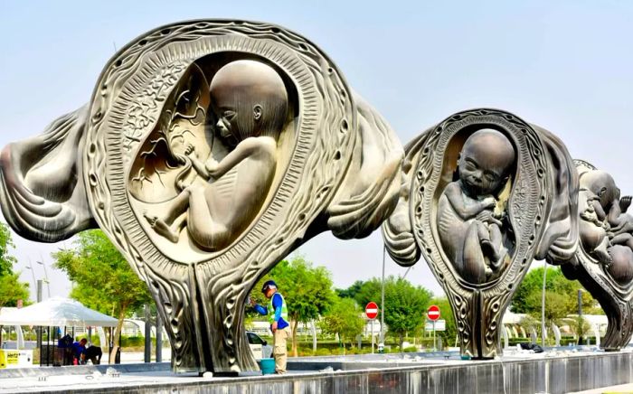 'The Miraculous Journey' (2018), an art installation by Damien Hirst, stands outside the Sidra Medical & Research Center in Doha, Qatar.