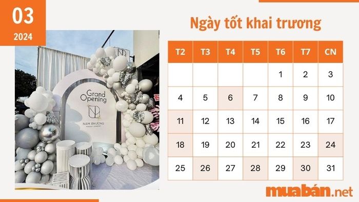 Ngày đẹp khai trương trong tháng 3 năm 2024