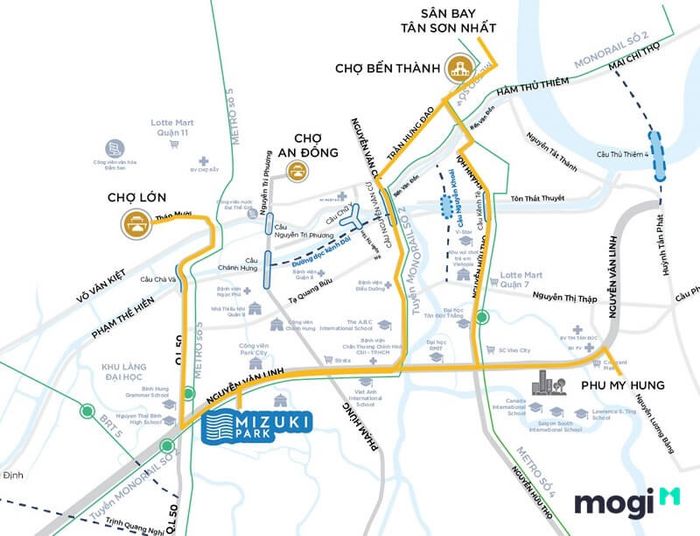 Mizuki Park tọa lạc trên đường Nguyễn Văn Linh, gần Quốc lộ 50.
