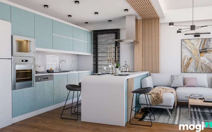 Thiết kế nội thất phòng bếp trong chung cư 55m2 cần chú trọng sự tiện dụng và tối ưu không gian