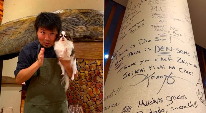 Left: Chef Zaiyu Hasegawa with his cherished dog; right, a pillar at Den where patrons leave heartfelt thank-you notes.