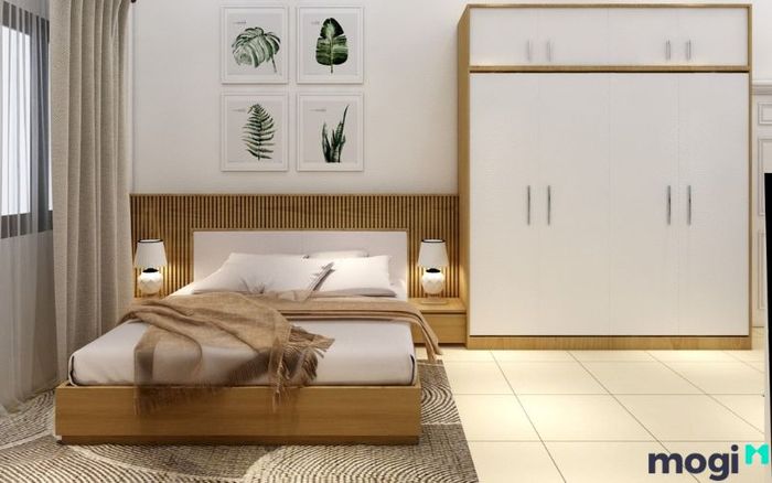 Không gian phòng ngủ trong chung cư 55m2 được thiết kế để tối ưu sự thoải mái và công năng sử dụng