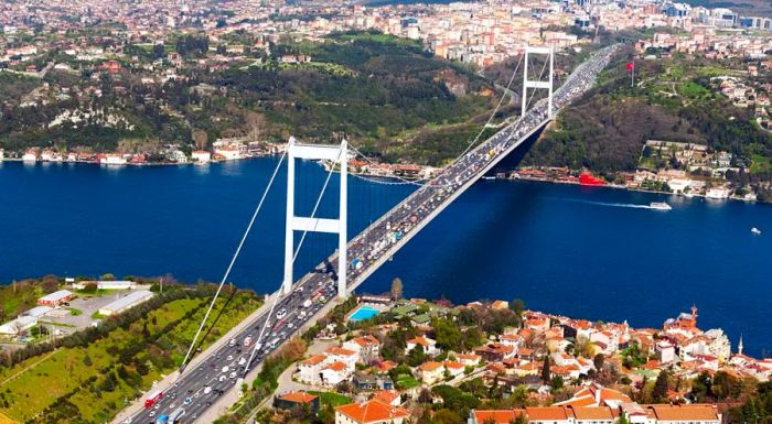 The Fatih Sultan Mehmet Bridge provides breathtaking views of the Bosphorus Strait.