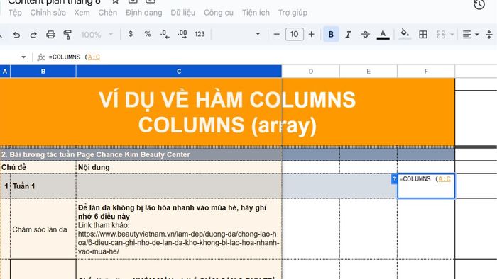Hàm COLUMNS trong Excel