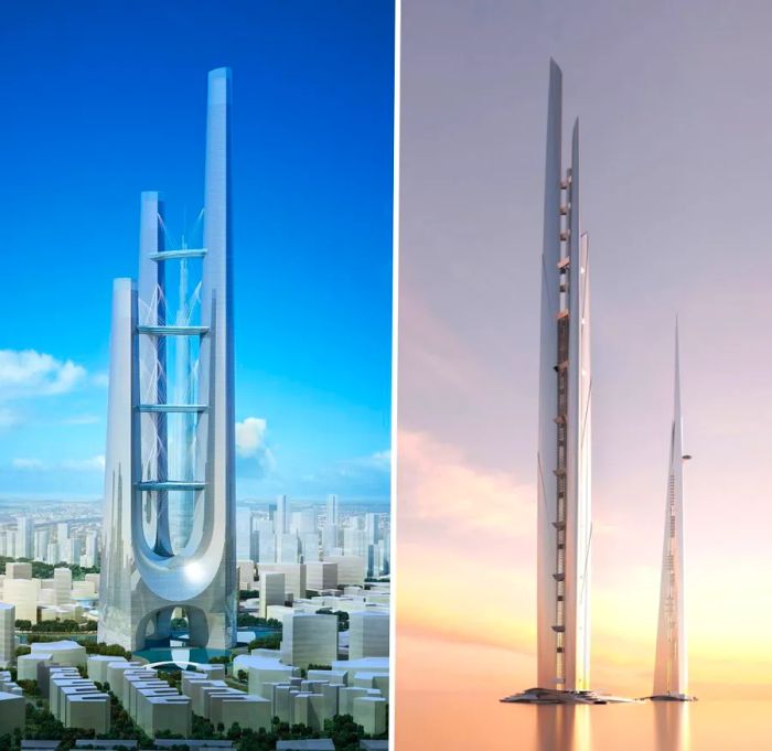 Left: A rendering of 1 Dubai, an unrealized megatall skyscraper that was designed to exceed 1,000 meters. The concept closely resembles one of the firm’s mile-high skyscraper designs (shown next to the Jeddah Tower design).