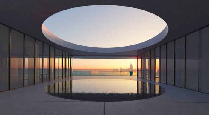 The penthouses at the Armani Beach Residence are designed with zen-inspired spaces and a focus on wellbeing, including serene courtyards and a reflection pool, as shown in this digital rendering.