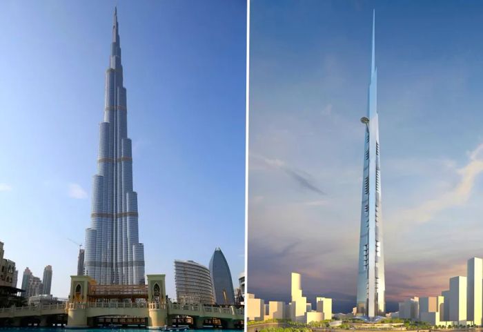 A composite image shows the Burj Khalifa in Dubai from 2013 alongside a rendering of the Jeddah Tower, a Saudi Arabian skyscraper set to overtake the Burj Khalifa as the tallest building in the world upon completion.