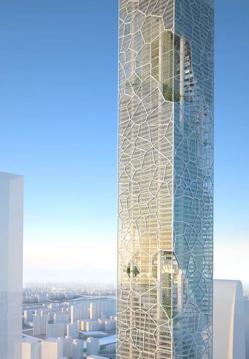 A rendering of a section of the Biophilic Tower’s facade, a 668-meter skyscraper proposed for Suzhou, China in 2012. This design was inspired by organic shapes from nature and incorporated plant life into its interior spaces.