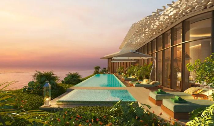 Located next to the Bulgari Hotel and Resort, residents of the Lighthouse will enjoy access to the resort's luxurious amenities, as well as exclusive private pools, as shown in this digital rendering by ACPV ARCHITECTS and Neverending Studio.