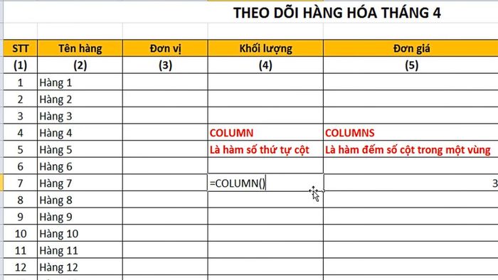 Hàm COLUMNS trong Excel