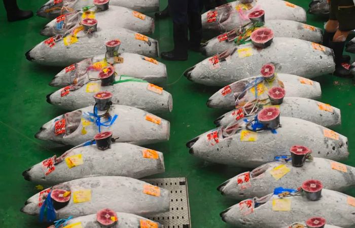 Frozen tuna on display during the inaugural auction at the new Toyosu fish market.