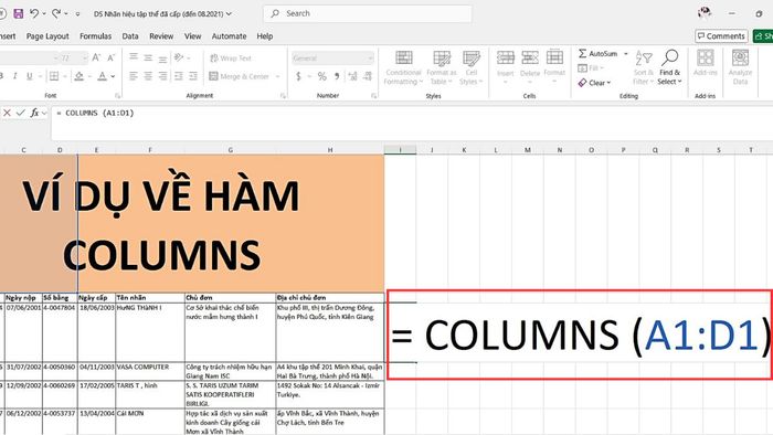 Cú pháp của hàm COLUMNS