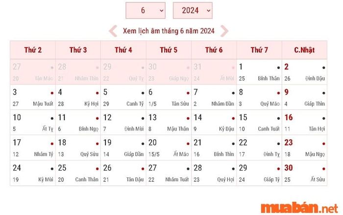 Tháng 6 năm 2024 có 30 ngày theo lịch Dương.
