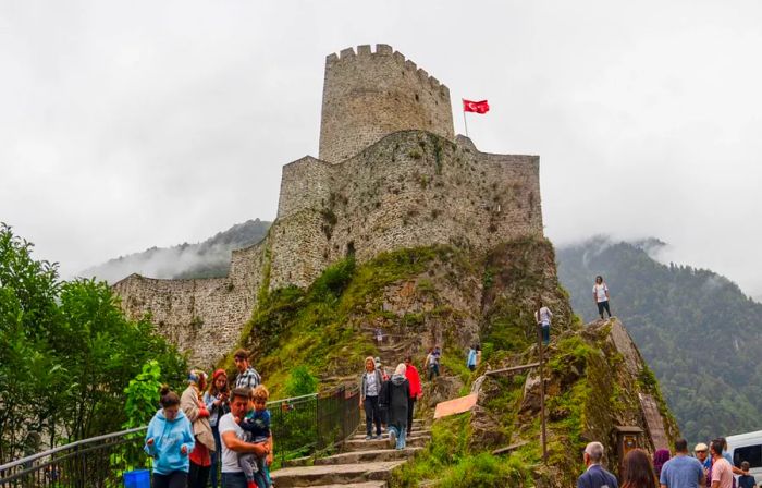 Çamlıhemşin, Rize/Turkey - August 06, 2019: Zilkale, the Zilkale Castle with tourists in view.