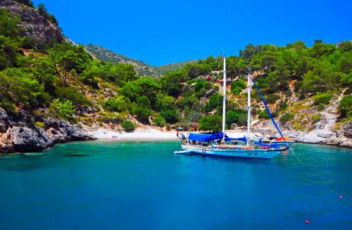 Bestas Limani, also known as Cold Water Bay, is fed by cool mountain springs that give the water its crisp, refreshing temperature.