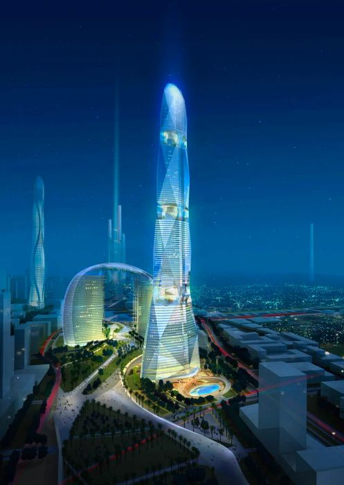 A rendering of the Meraas Tower, an AS+GG design from 2008, envisioned as a 526-meter tall skyscraper.