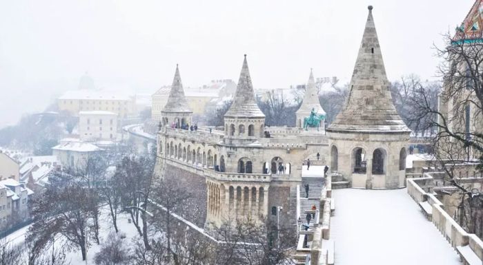 The view from Fisherman's Bastion in the Castle District is even more magical when the city is blanketed in snow.