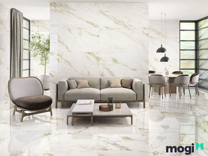 Kết hợp màu sắc giống nhau giữa gạch ốp và gạch nền sẽ tạo nên sự liền mạch và đồng nhất cho toàn bộ không gian phòng khách.