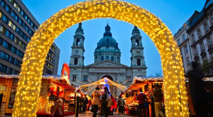 The St. Stephen's Square Christmas market offers a stunning view of St. Stephen's Basilica as its centerpiece.