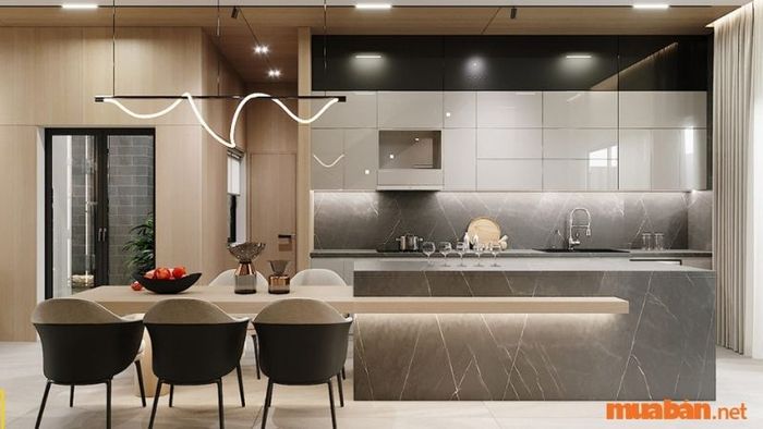 Dù không gian bếp nhỏ, bạn vẫn có thể thêm bàn đảo để mở rộng không gian nấu nướng, đồng thời biến nó thành bàn ăn tiện lợi, góp phần nâng cao vẻ đẹp sang trọng cho bếp.