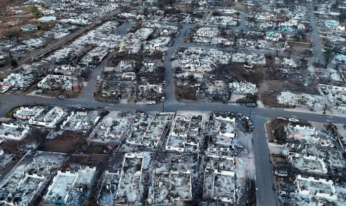 Burned cars and homes are seen in a neighborhood ravaged by a wildfire on August 18, 2023, in Lahaina, Hawaii. The fire spread rapidly through invasive grasses.