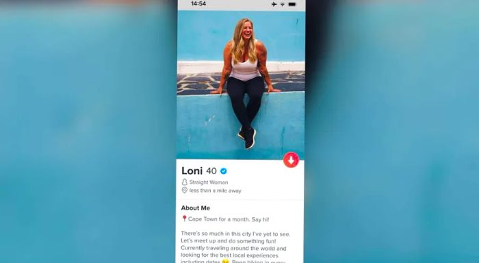 A screenshot of Loni James' Tinder profile.