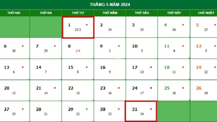 Cập nhật lịch âm tháng 5 năm 2024 đầy đủ