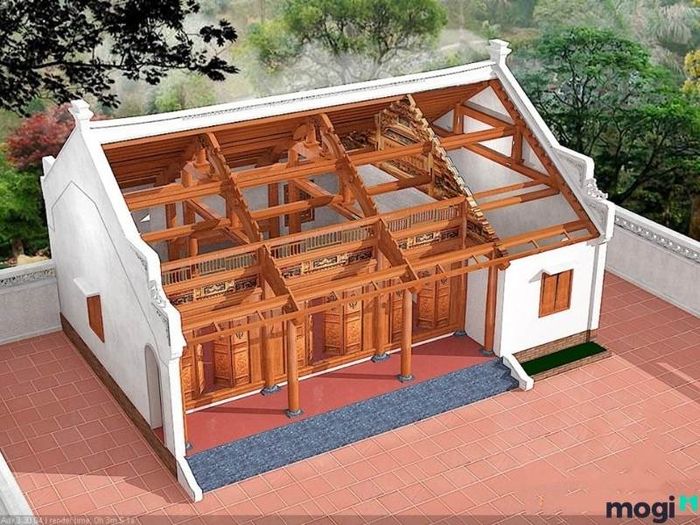 Kết cấu của nhà 3 gian có sự kết hợp hài hòa giữa truyền thống và hiện đại, tạo nên một công trình vững chãi và đẹp mắt.