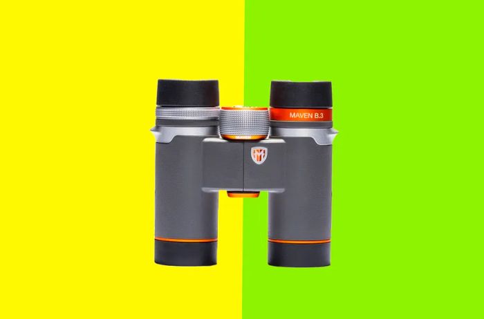 A pair of gray and black Maven binoculars.