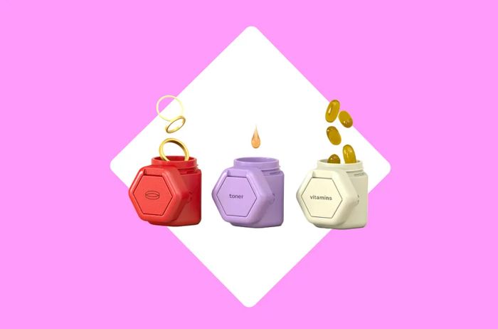 Three small capsules (in terra cotta, lavender, and white) designed to carry skincare products by Cadence.